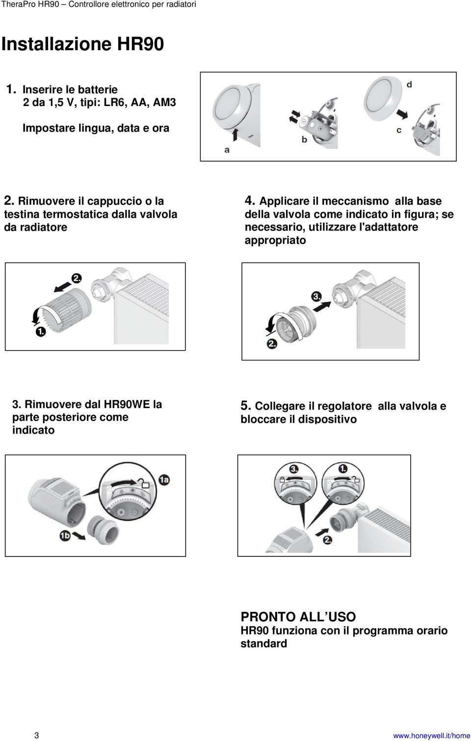 Applicare il meccanismo alla base della valvola come indicato in figura; se necessario, utilizzare l'adattatore appropriato 3.