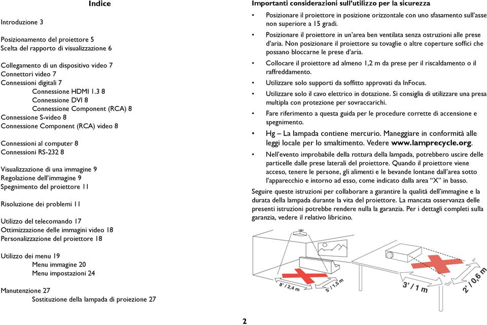 Regolazione dell immagine 9 Spegnimento del proiettore 11 Risoluzione dei problemi 11 Utilizzo del telecomando 17 Ottimizzazione delle immagini video 18 Personalizzazione del proiettore 18 Importanti