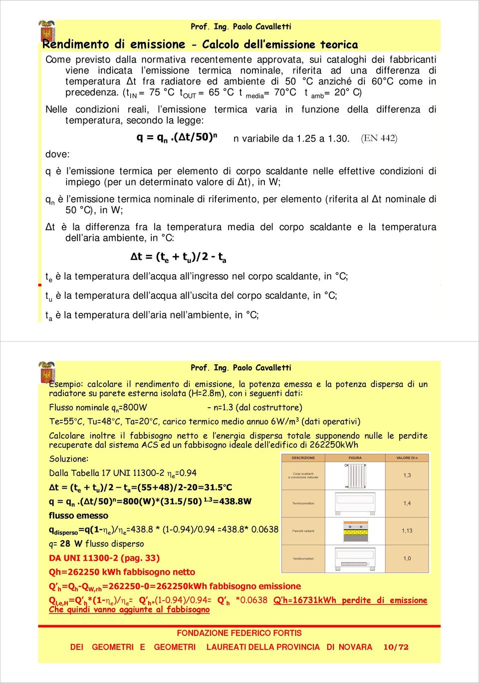 (t IN = 75 C t OUT = 65 C t media = 70 C t amb = 20 C) Nelle condizioni reali, l emissione termica varia in funzione della differenza di temperatura, secondo la legge: q = q n.