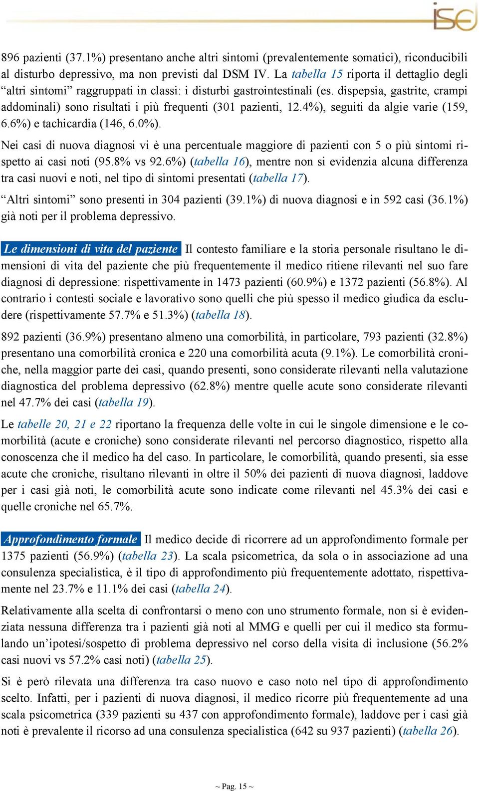 dispepsia, gastrite, crampi addominali) sono risultati i più frequenti (301 pazienti, 12.4%), seguiti da algie varie (159, 6.6%) e tachicardia (146, 6.0%).