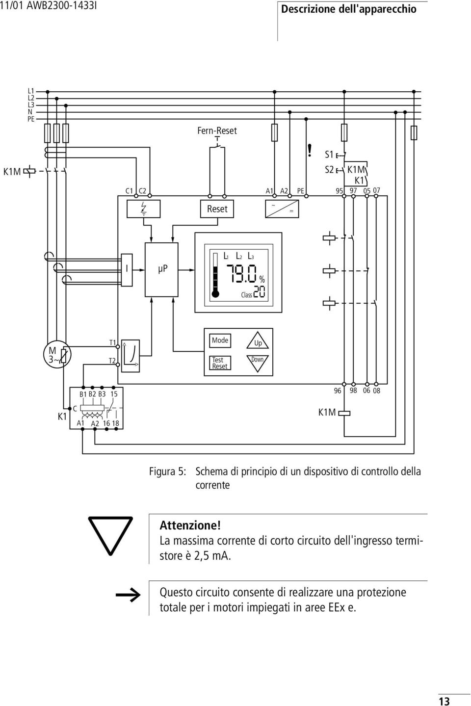 0 % Class 20 M 3~ T2 > Test Reset Up Down K1 B1 B2 B3 15 C A1 A2 16 18 K1M 96 98 06 08 Figura 5: Schema di principio di