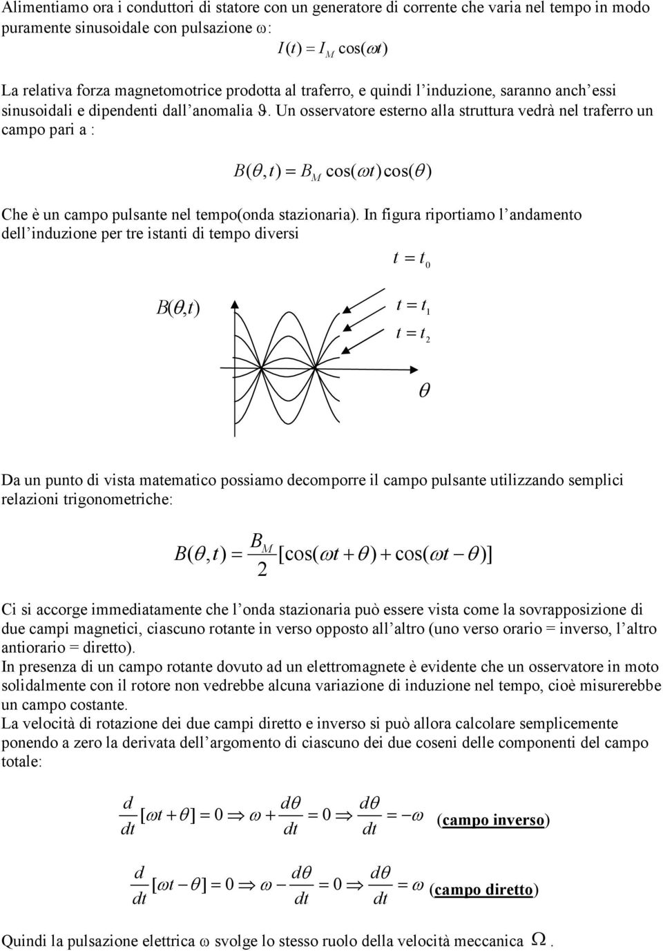 Un osservatore esterno alla struttura vedrà nel traferro un campo pari a : B(, t) = B cos( ωt)cos( ) Che è un campo pulsante nel tempo(onda stazionaria).