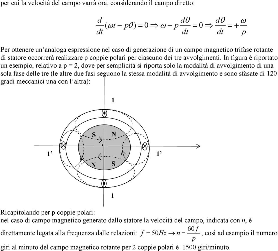 In figura è riportato un esempio, relativo a p =, dove per semplicità si riporta solo la modalità di avvolgimento di una sola fase delle tre (le altre due fasi seguono la stessa modalità di