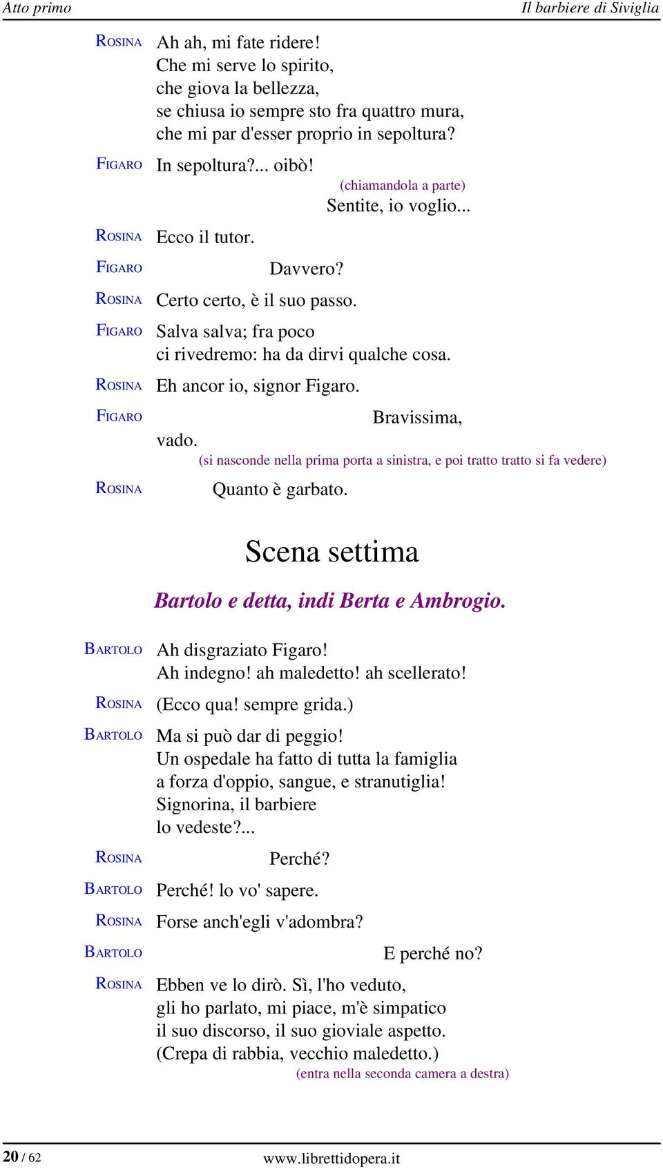 Eh ancor io, signor Figaro. Bravissima, vado. (si nasconde nella prima porta a sinistra, e poi tratto tratto si fa vedere) Quanto è garbato. Scena settima Bartolo e detta, indi Berta e Ambrogio.