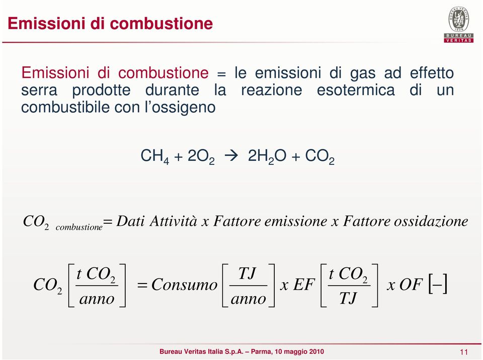 ossigeno CH 4 + 2O 2 2H 2 O + CO 2 CO 2 combustion e= Dati Attività x Fattore