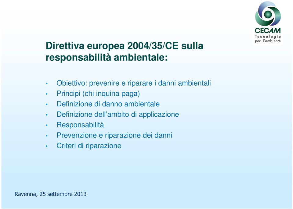 inquina paga) Definizione di danno ambientale Definizione dell ambito