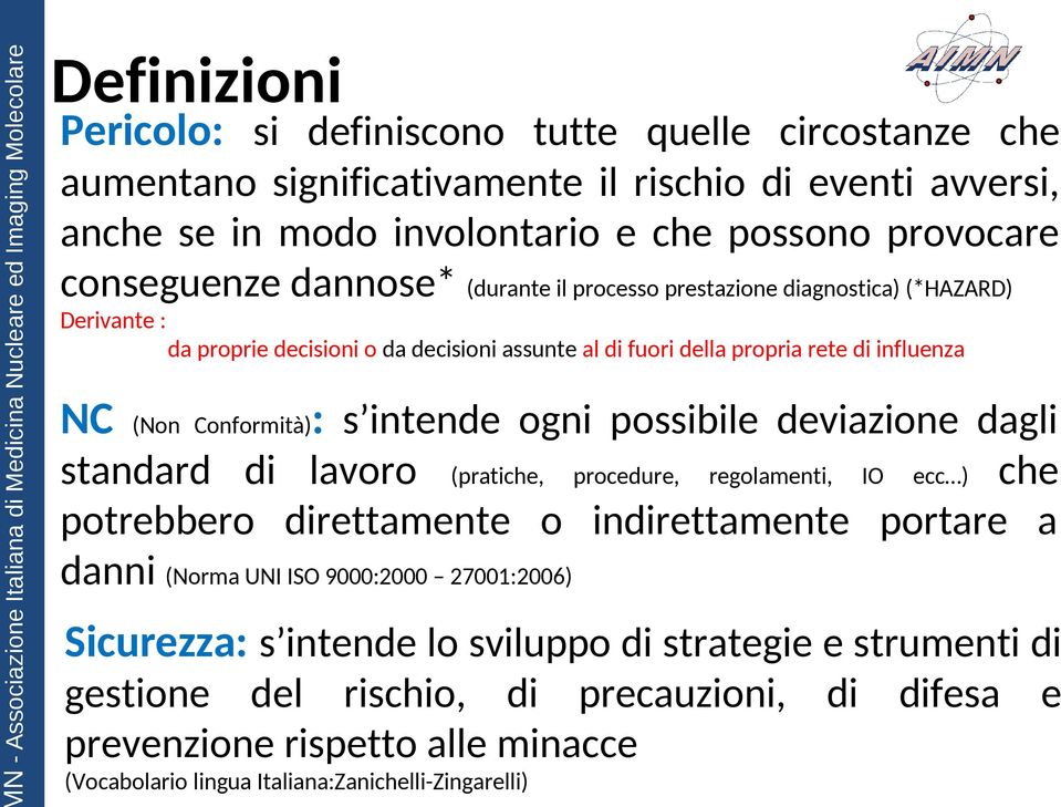 intende ogni possibile deviazione dagli standard di lavoro (pratiche, procedure, regolamenti, IO ecc ) che potrebbero direttamente o indirettamente portare a danni (Norma UNI ISO 9000:2000