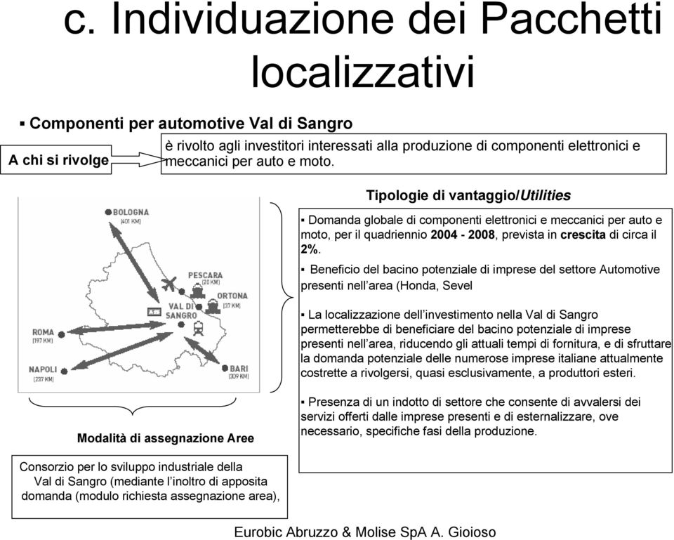 Beneficio del bacino potenziale di imprese del settore Automotive presenti nell area (Honda, Sevel La localizzazione dell investimento nella Val di Sangro permetterebbe di beneficiare del bacino