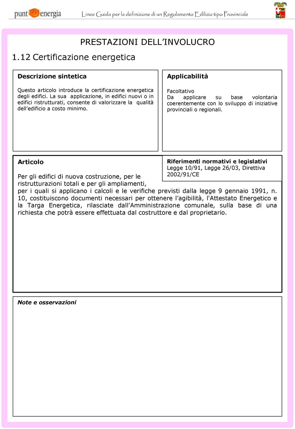 Facoltativo Da applicare su base volontaria coerentemente con lo sviluppo di iniziative provinciali o regionali.