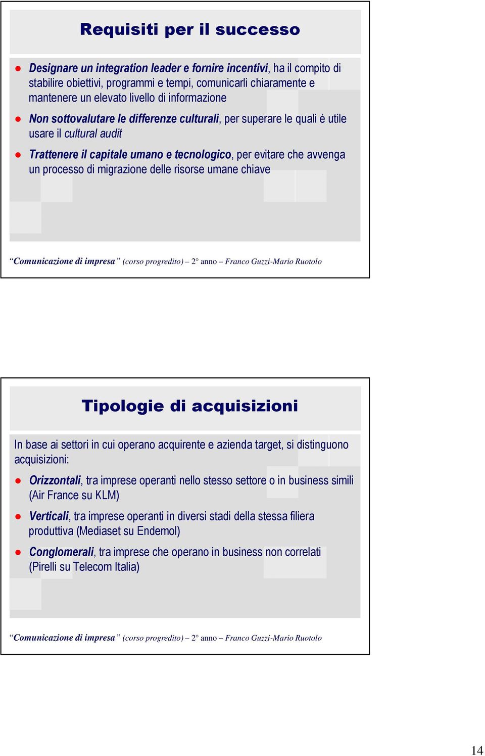 migrazione delle risorse umane chiave Tipologie di acquisizioni In base ai settori in cui operano acquirente e azienda target, si distinguono acquisizioni: Orizzontali, tra imprese operanti nello