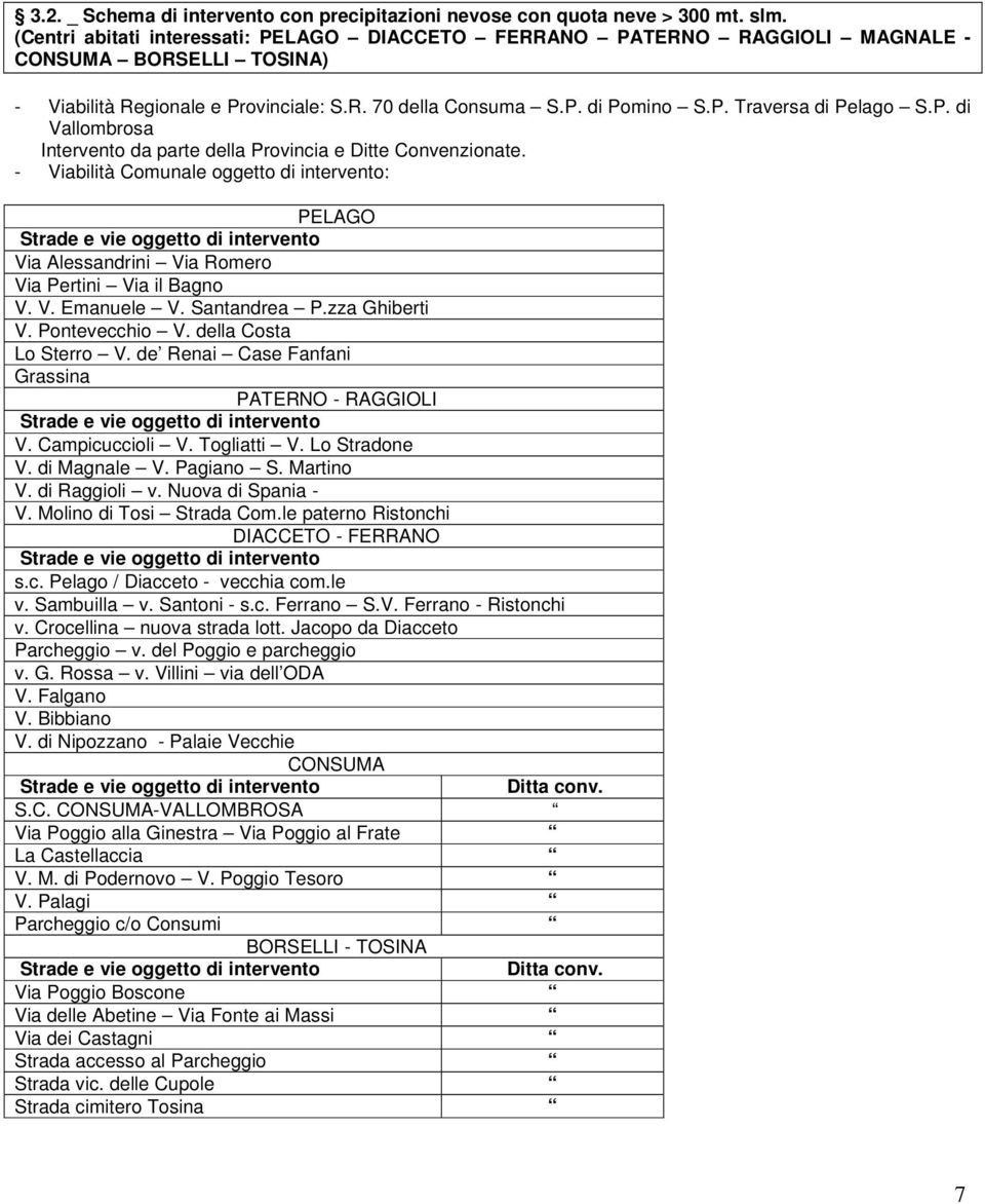 P. di Vallombrosa Intervento da parte della Provincia e Ditte Convenzionate. - Viabilità Comunale oggetto di intervento: PELAGO Via Alessandrini Via Romero Via Pertini Via il Bagno V. V. Emanuele V.