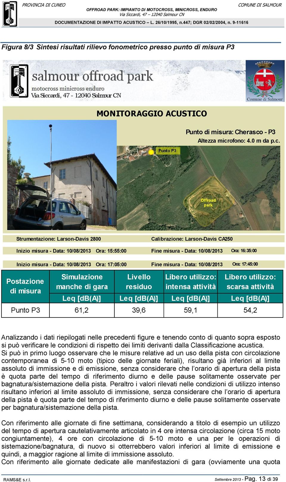 ardi, 47-12040 Salmour CN MONITORAGGIO ACUSTICO Punto di misura: Cherasco