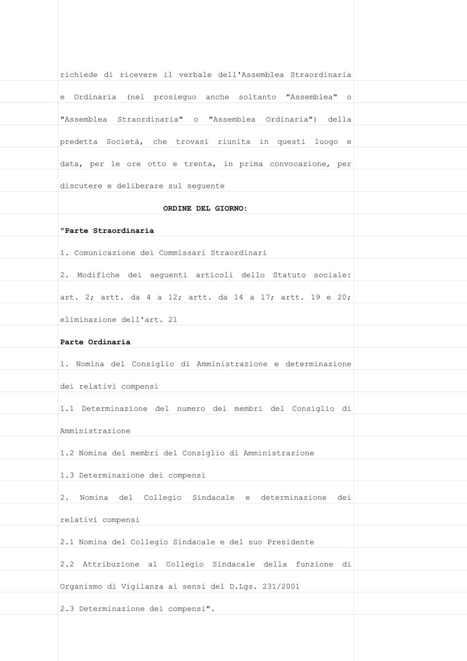 Comunicazione dei Commissari Straordinari 2. Modifiche dei seguenti articoli dello Statuto sociale: art. 2; artt. da 4 a 12; artt. da 14 a 17; artt. 19 e 20; eliminazione dell'art.