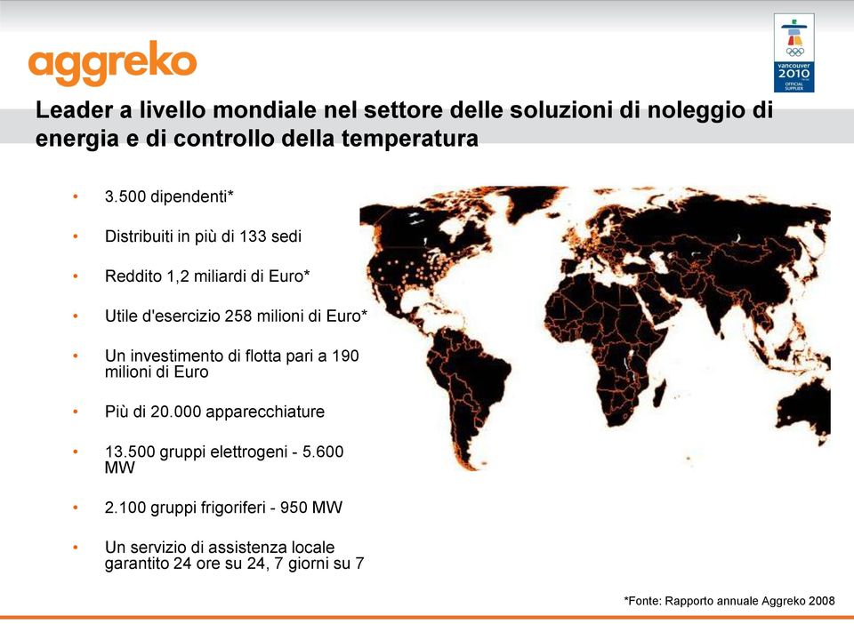 investimento di flotta pari a 190 milioni di Euro Più di 20.000 apparecchiature 13.500 gruppi elettrogeni - 5.600 MW 2.