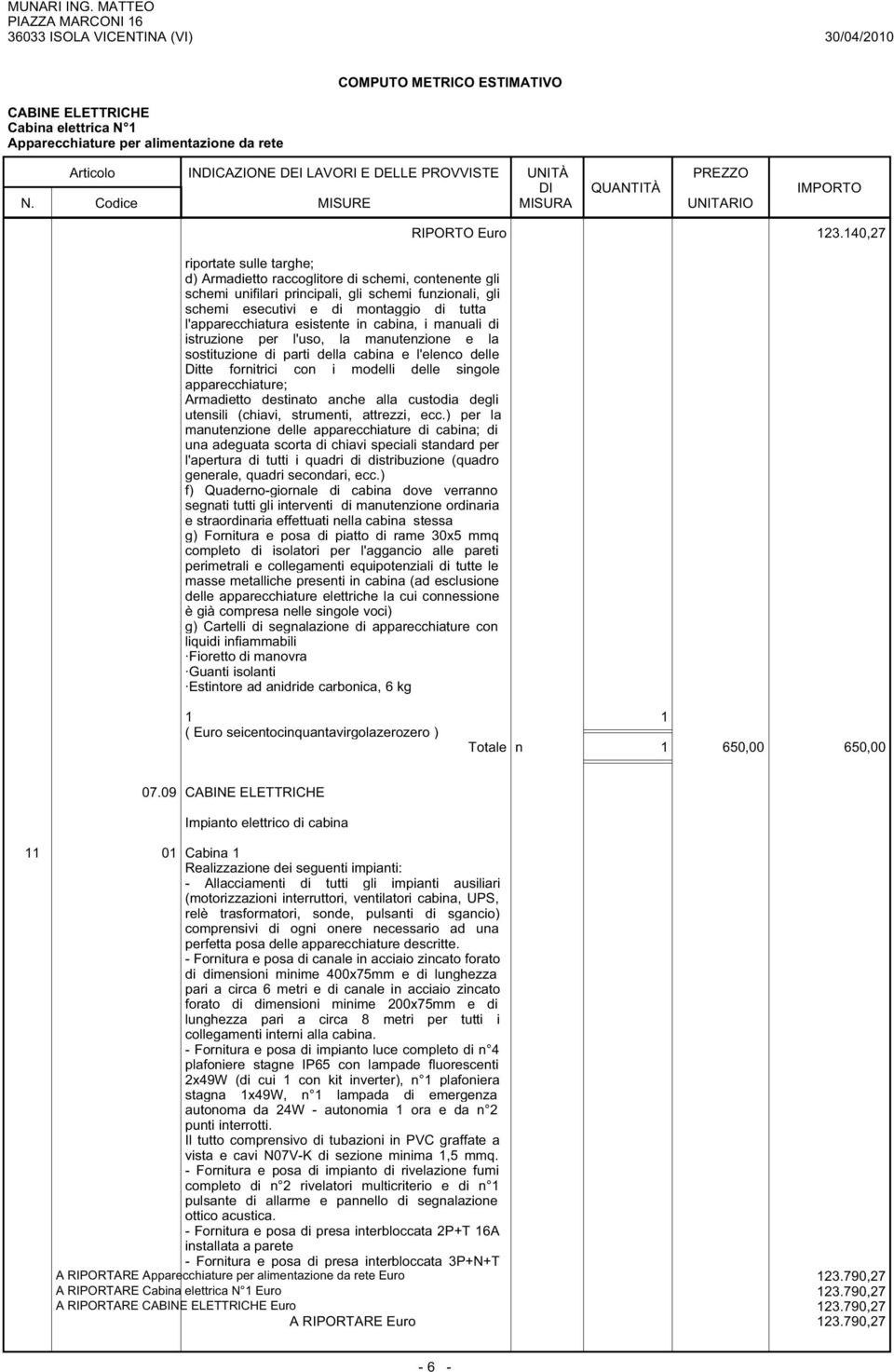 delle Ditte fornitrici con i modelli delle singole apparecchiature; Armadietto destinato anche alla custodia degli utensili (chiavi, strumenti, attrezzi, ecc.