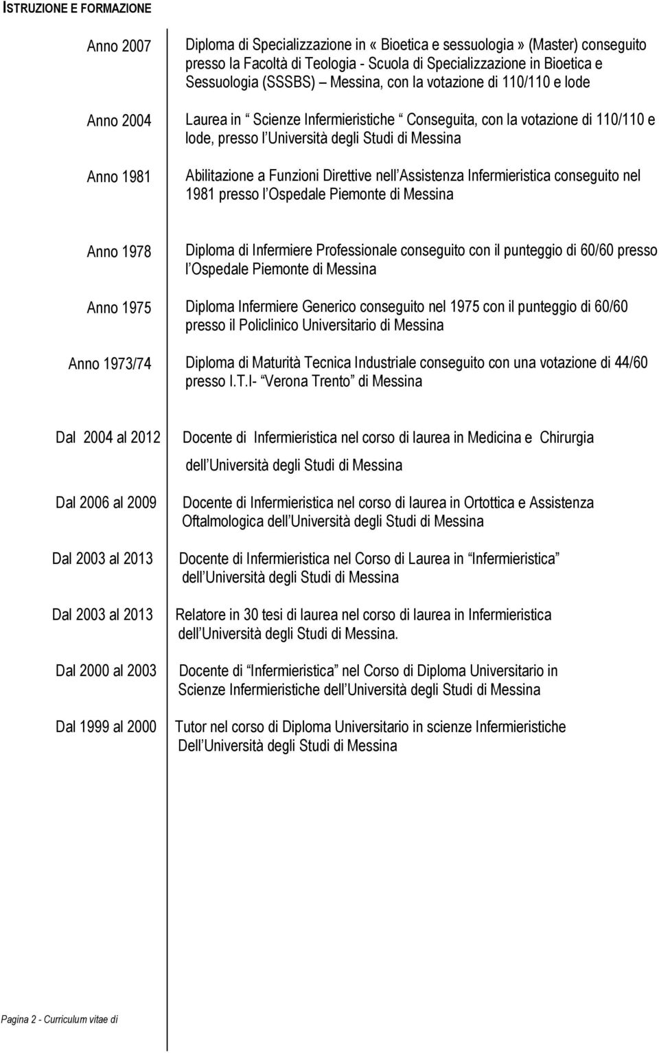 Messina Abilitazione a Funzioni Direttive nell Assistenza Infermieristica conseguito nel 1981 presso l Ospedale Piemonte di Messina Anno 1978 Diploma di Infermiere Professionale conseguito con il