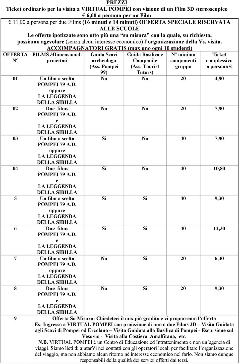 ACCOMPAGNATORI GRATIS (max uno ogni 10 studnti) OFFERTA N FILMS 3Dimnsionali proittati 01 Un film a sclta 02 Du films 03 Un film a sclta 04 Du films 5 Un film a sclta 6 Du films 7 Un film a sclta 8