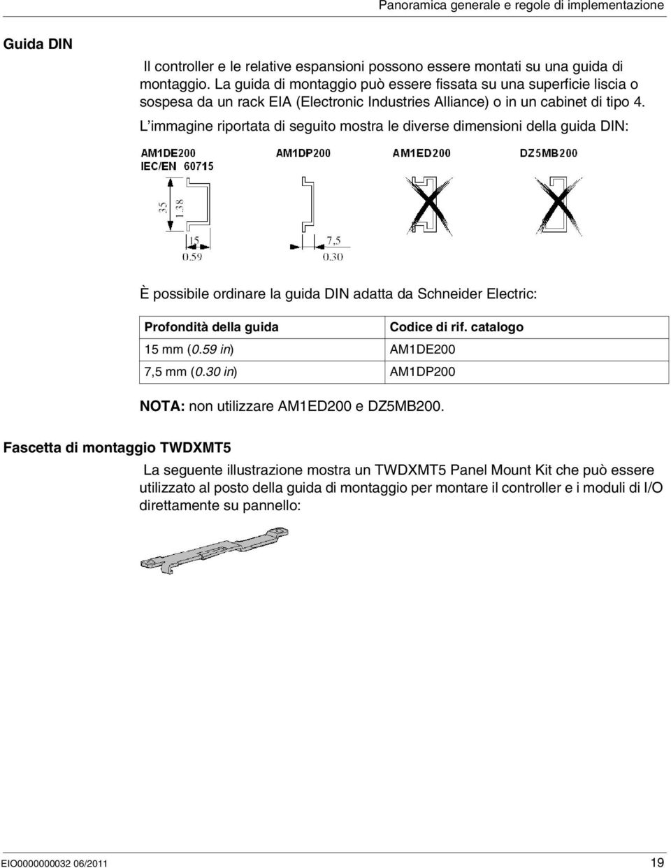 immagine riportata di seguito mostra le diverse dimensioni della guida DIN: È possibile ordinare la guida DIN adatta da Schneider Electric: Profondità della guida Codice di rif. catalogo 15 mm (0.