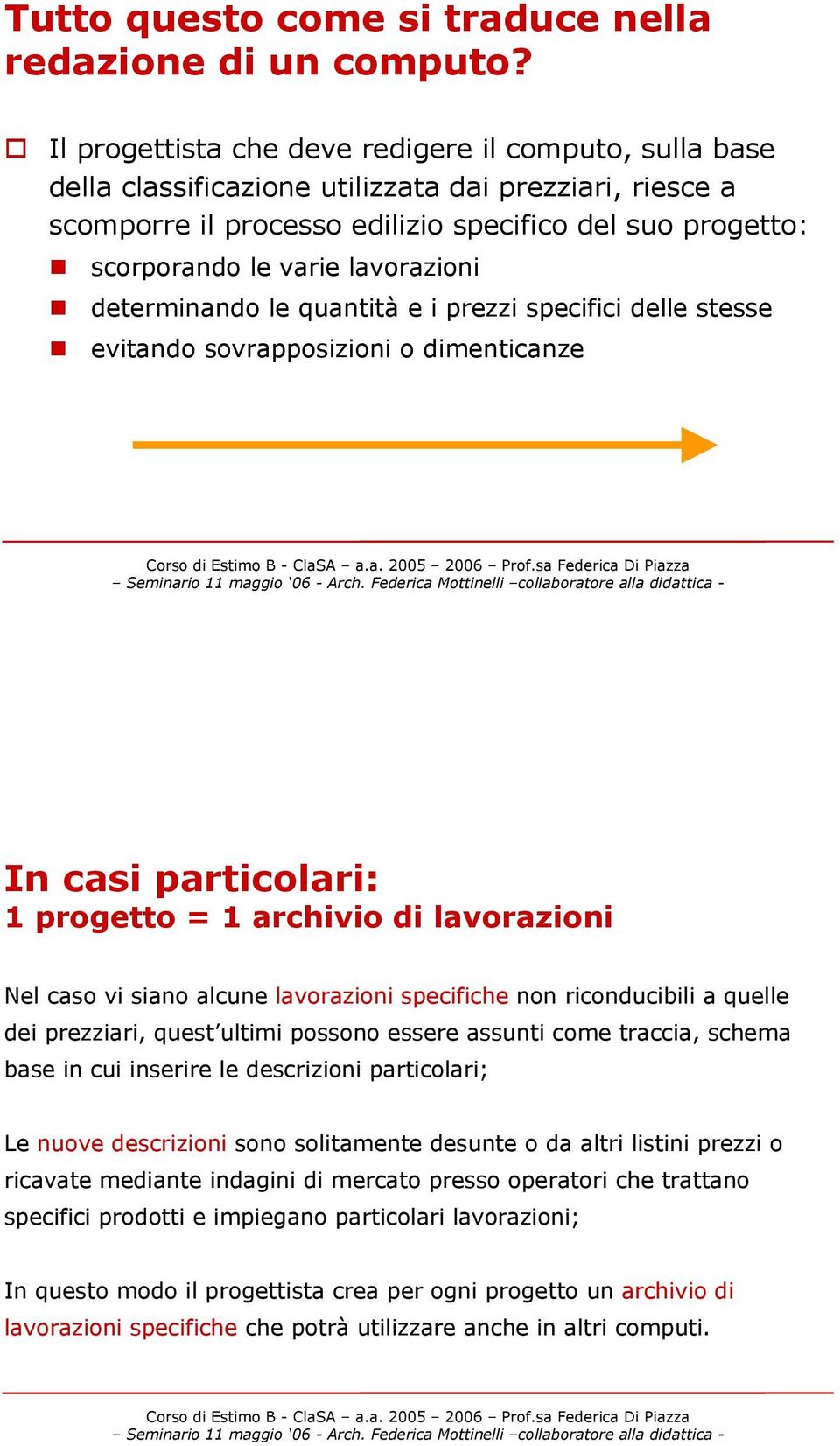 lavorazioni determinando le quantità e i prezzi specifici delle stesse evitando sovrapposizioni o dimenticanze In casi particolari: 1 progetto = 1 archivio di lavorazioni Nel caso vi siano alcune