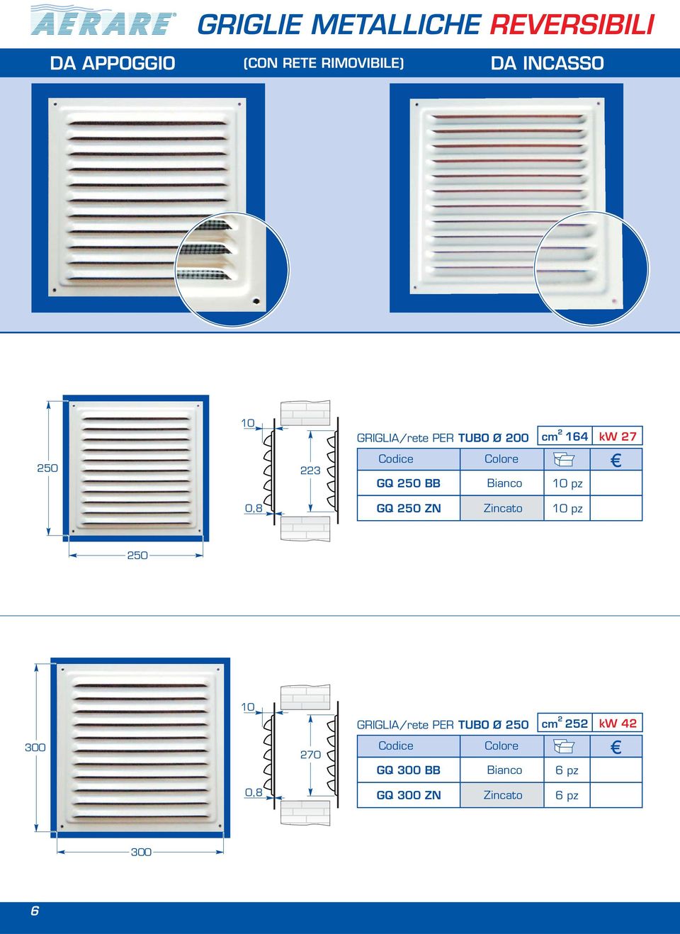 250 BB Bianco 10 pz 0,8 GQ 250 ZN Zincato 10 pz 250 10 300 270 GRIGIA/rete