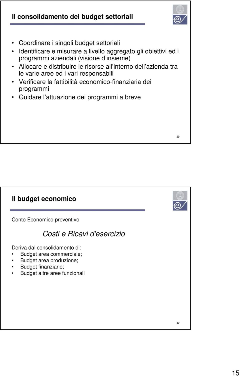 Verificare la fattibilità economico-finanziaria dei programmi Guidare l attuazione dei programmi a breve 29 Il budget economico Conto Economico