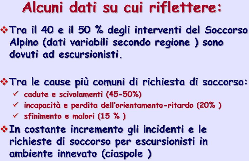 Tra le cause più comuni di richiesta di soccorso: cadute e scivolamenti (45-50%) incapacità e perdita dell