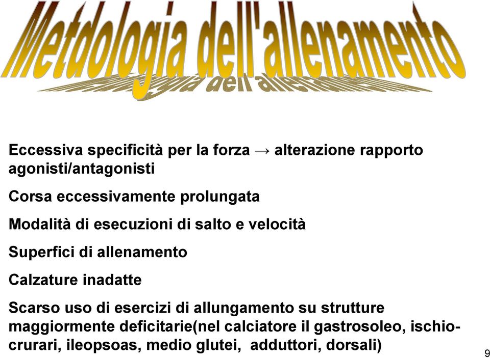 allenamento Calzature inadatte Scarso uso di esercizi di allungamento su strutture