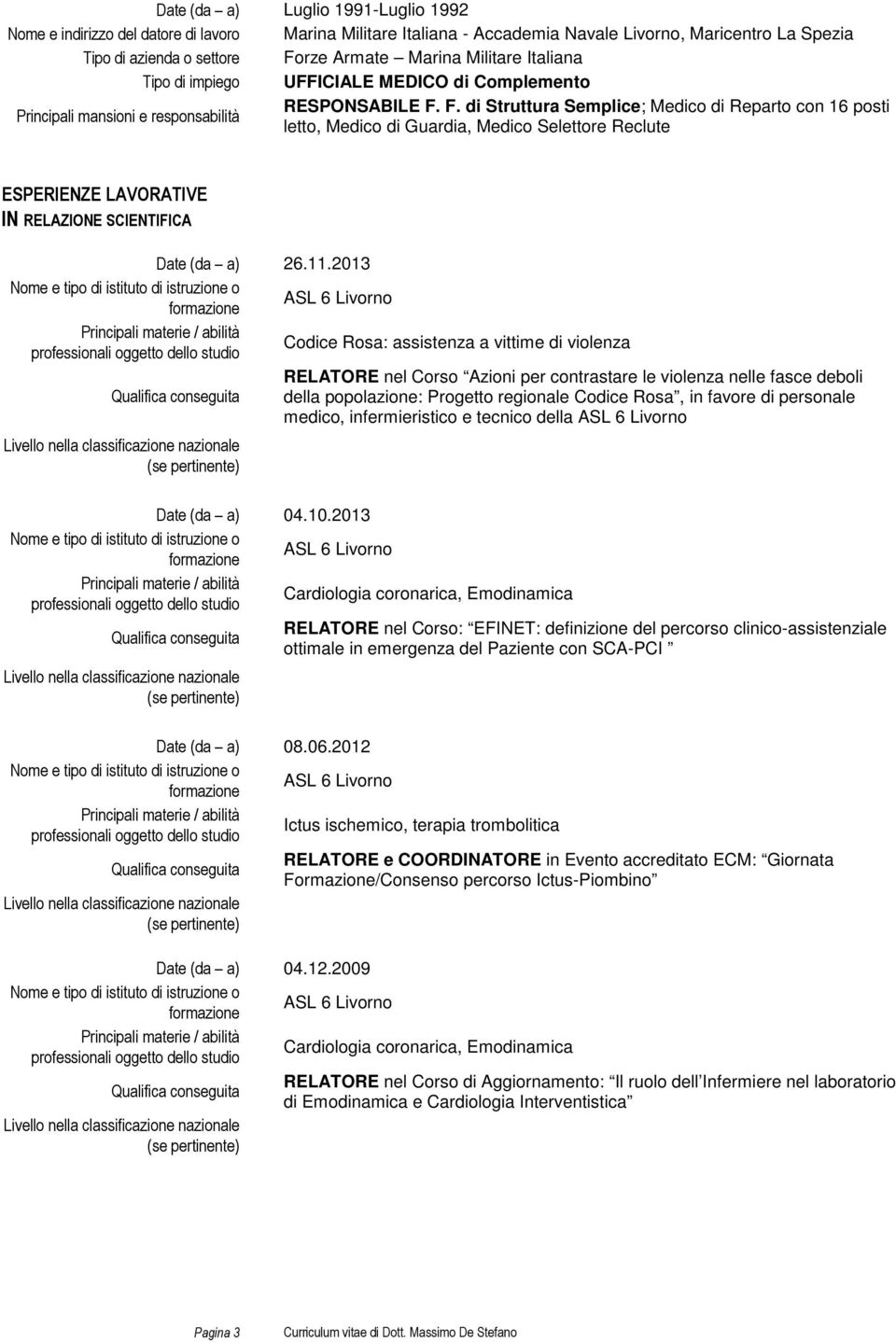 F. di Struttura Semplice; Medico di Reparto con 16 posti letto, Medico di Guardia, Medico Selettore Reclute ESPERIENZE LAVORATIVE IN RELAZIONE SCIENTIFICA 26.11.