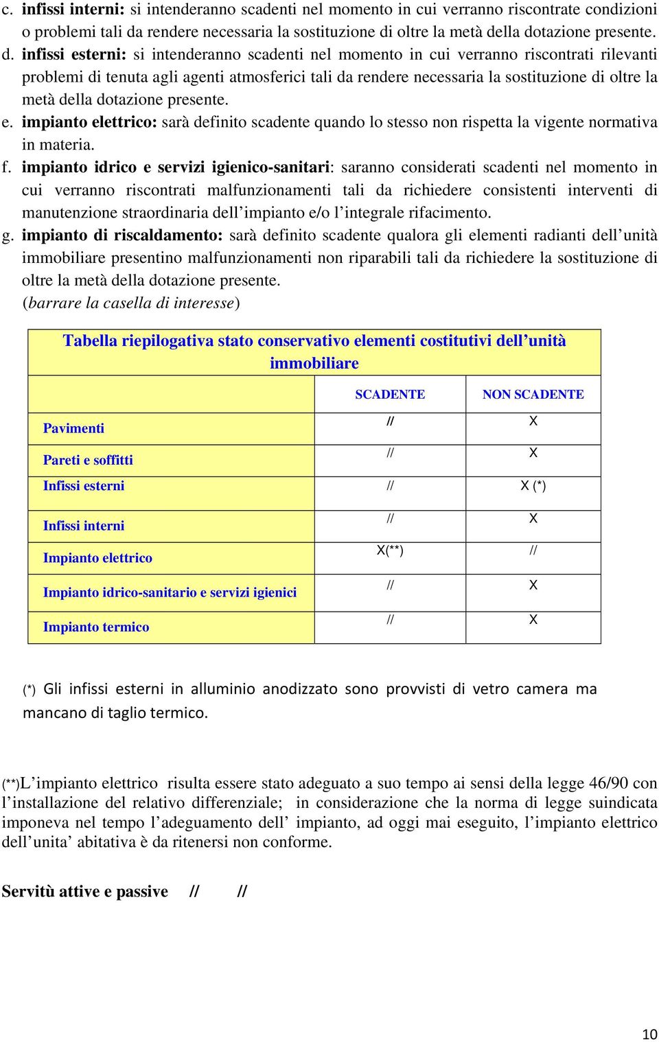 oltre la metà della dotazione presente. d. infissi esterni: si intenderanno scadenti nel momento in cui verranno riscontrati rilevanti problemi di tenuta agli agenti atmosferici tali da  oltre la metà della dotazione presente.