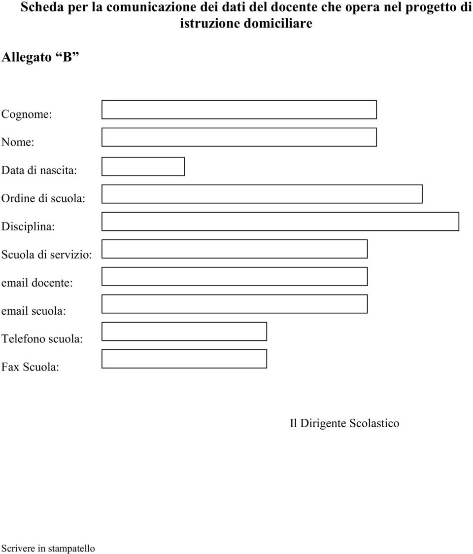 Ordine di scuola: Disciplina: Scuola di servizio: email docente: email