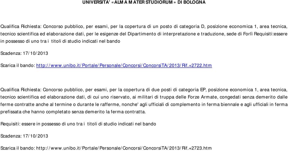 17/10/2013 Scarica il bando: http://www.unibo.it/portale/personale/concorsi/concorsita/2013/rif.+2722.