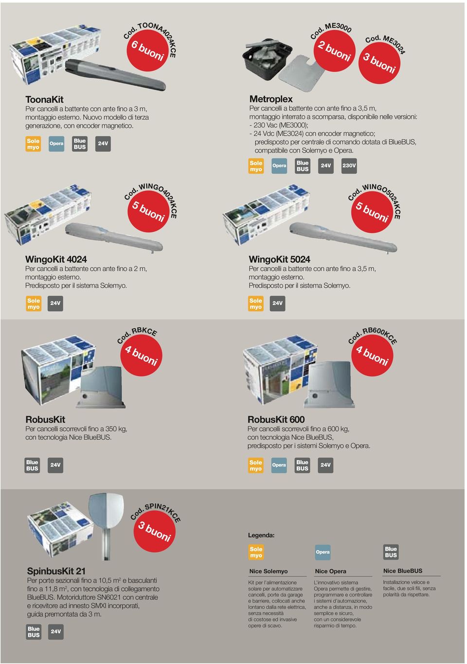 centrale di comando dotata di BlueBUS, compatibile con Solemyo e Opera. 5 buoni Cod. WINGO4024KCE Cod.