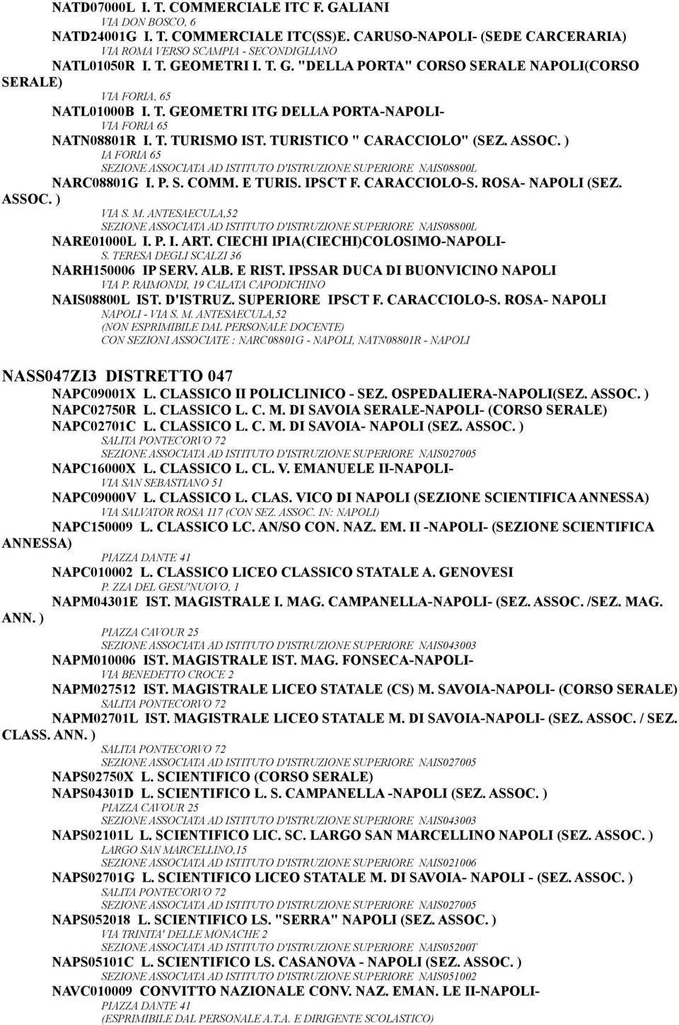 IA FORIA 65 SEZIONE ASSOCIATA AD ISTITUTO D'ISTRUZIONE SUPERIORE NAIS08800L NARC08801G I. P. S. COMM. E TURIS. IPSCT F. CARACCIOLO-S. ROSA- NAPOLI (SEZ. VIA S. M.