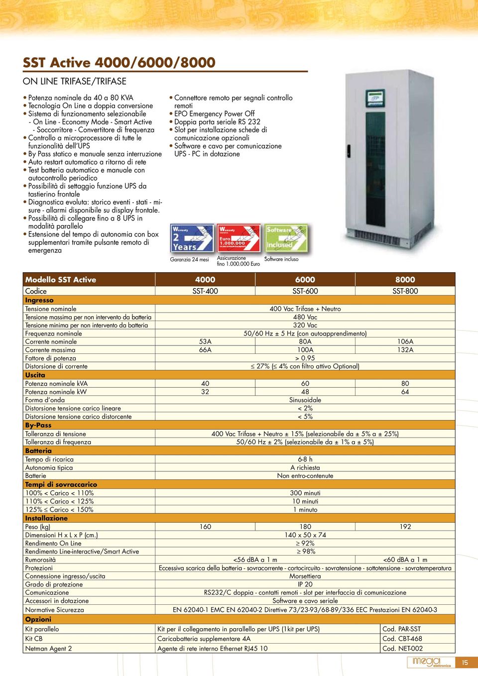 Test batteria automatico e manuale con autocontrollo periodico Possibilità di settaggio funzione UPS da tastierino frontale Diagnostica evoluta: storico eventi - stati - misure - allarmi disponibile