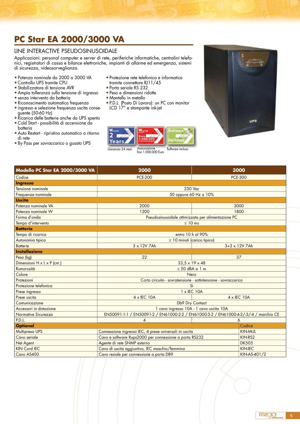 Potenza nominale da 2000 a 3000 VA Controllo UPS tramite CPU Stabilizzatore di tensione AVR Ampia tolleranza sulla tensione di ingresso senza intervento da batteria Riconoscimento automatico