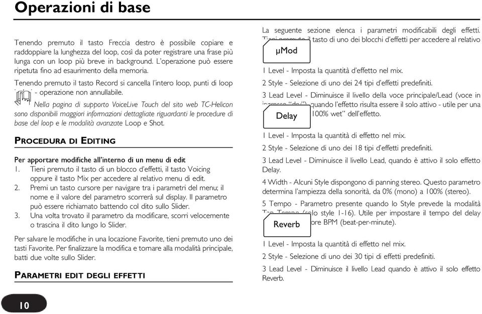 Nella pagina di supporto VoiceLive Touch del sito web TC-Helicon sono disponibili maggiori informazioni dettagliate riguardanti le procedure di base del loop e le modalità avanzate Loop e Shot.