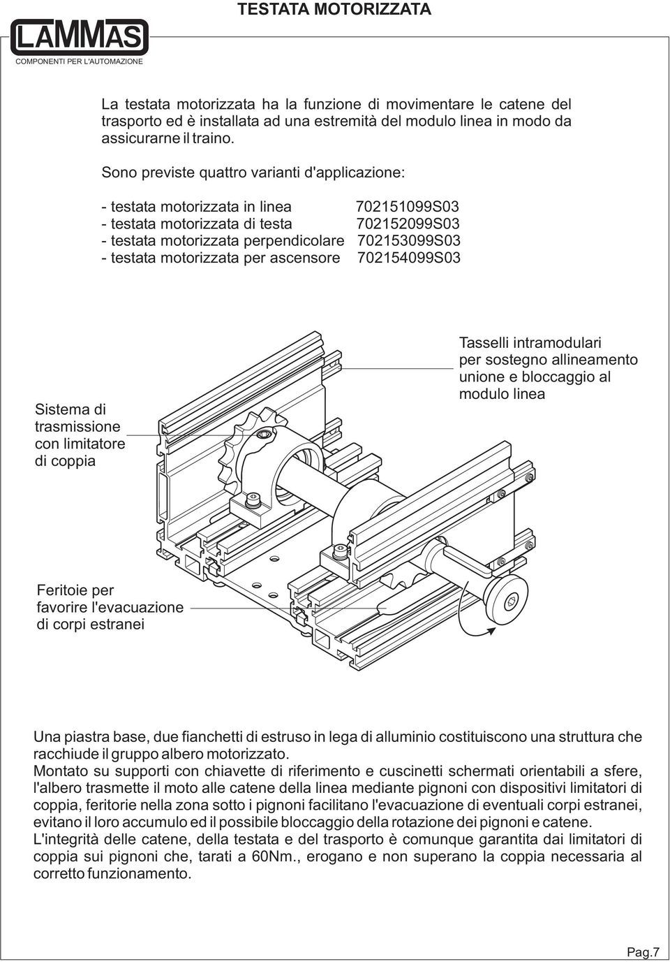 motorizzata per ascensore 702154099S03 Sistema di trasmissione con limitatore di coppia Tasselli intramodulari per sostegno allineamento unione e bloccaggio al modulo linea Feritoie per favorire