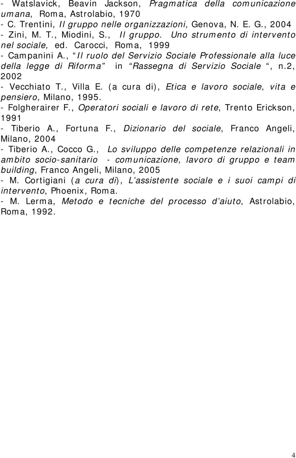 (a cura di), Etica e lavoro sociale, vita e pensiero, Milano, 1995. - Folgherairer F., Operatori sociali e lavoro di rete, Trento Erickson, 1991 - Tiberio A., Fortuna F.