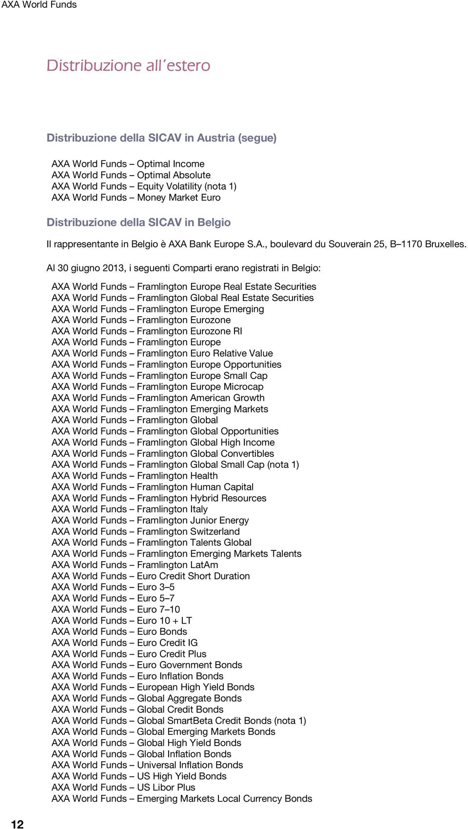 Al 30 giugno 2013, i seguenti Comparti erano registrati in Belgio: AXA World Funds Framlington Europe Real Estate Securities AXA World Funds Framlington Global Real Estate Securities AXA World Funds