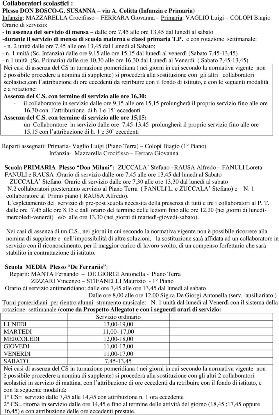 13,45 dal lunedì al sabato -durante il servizio di mensa di scuola materna e classi primaria T.P. e con rotazione settimanale: - n. 2 unità dalle ore 7,45 alle ore 13,45 dal Lunedì al Sabato; - n.