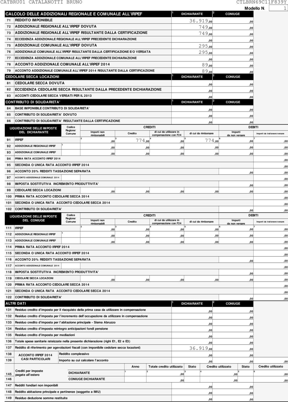 CERTIFICAZIONE E/O VERSATA ECCEDENZA ADDIZIONALE COMUNALE ALL'IRPEF PRECEDENTE DICHIARAZIONE ACCONTO ADDIZIONALE COMUNALE ALL'IRPEF 04 79 ACCONTO ADDIZIONALE COMUNALE ALL'IRPEF 04 RISULTANTE DALLA