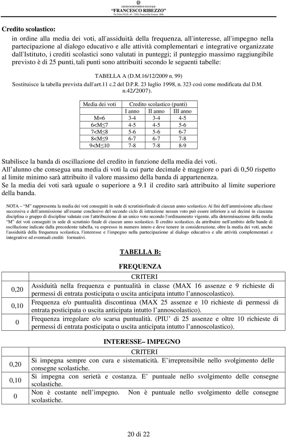 (D.M.16/12/2009 n. 99) Sostituisce la tabella prevista dall art.11 c.2 del D.P.R. 23 luglio 1998, n. 323 così come modificata dal D.M. n.42/2007).