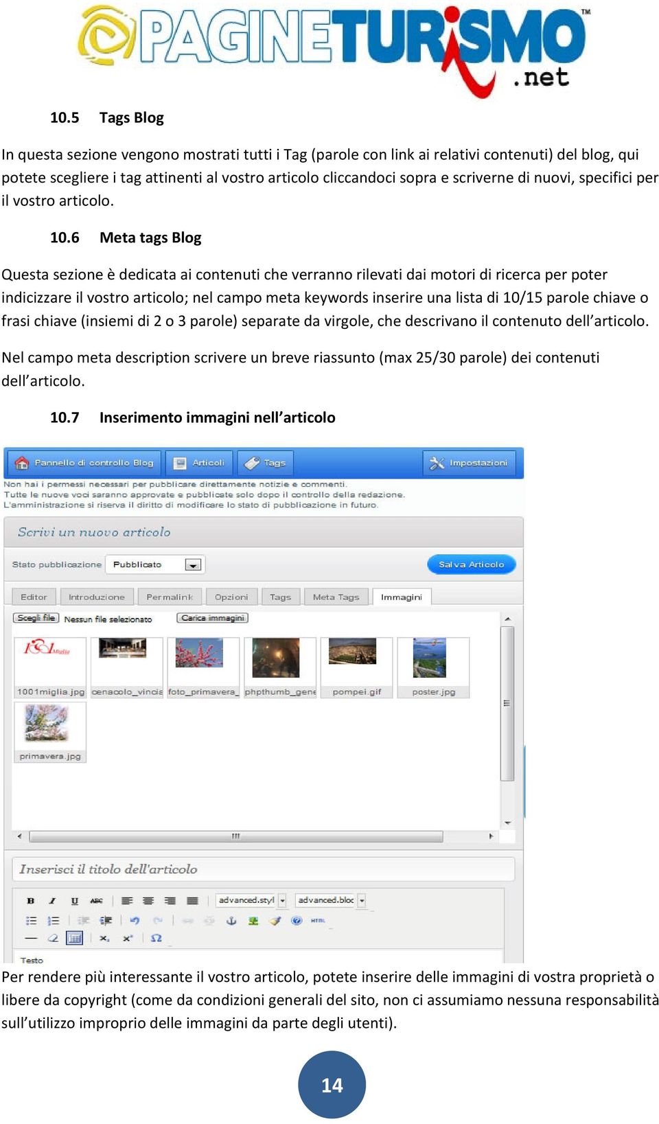 6 Meta tags Blog Questa sezione è dedicata ai contenuti che verranno rilevati dai motori di ricerca per poter indicizzare il vostro articolo; nel campo meta keywords inserire una lista di 10/15