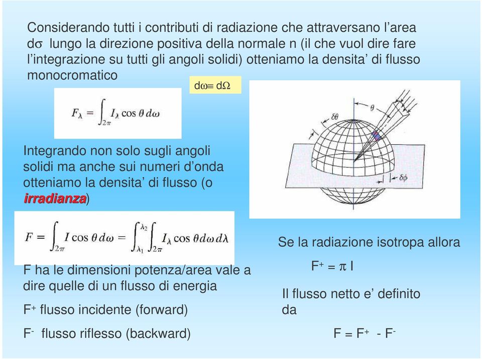 sui numeri d onda otteniamo la densita di flusso (o irradianza) Se la radiazione isotropa allora F ha le dimensioni potenza/area vale a dire