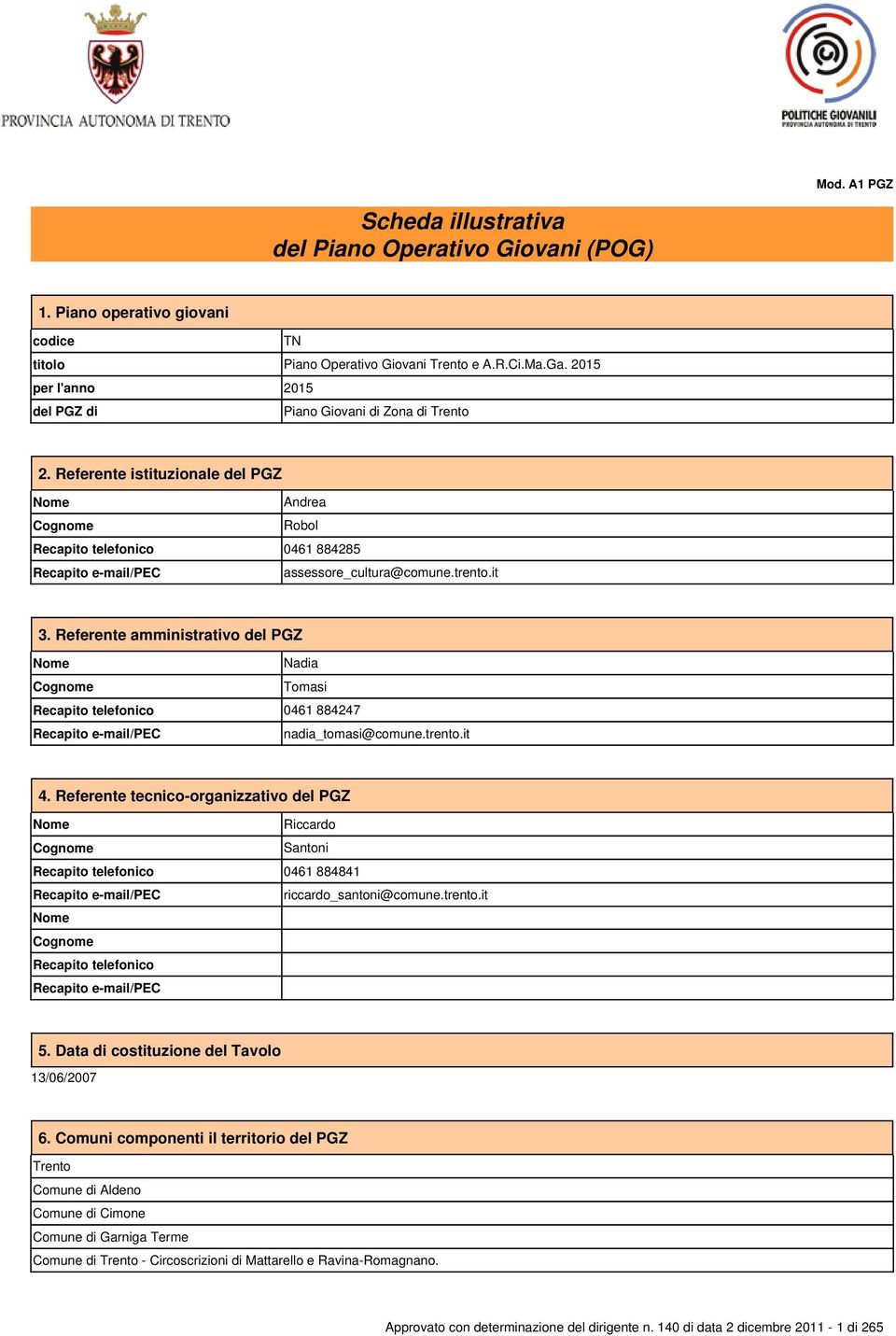 Referente istituzionale del PGZ Nome Andrea Cognome Robol Recapito telefonico 0461 884285 Recapito e-mail/pec assessore_cultura@comune.trento.it 3.