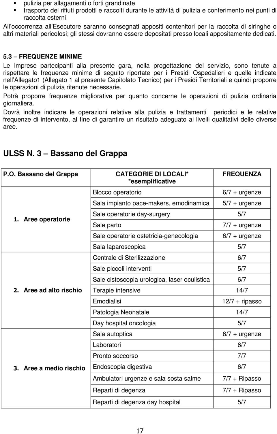 3 FREQUENZE MINIME Le Imprese partecipanti alla presente gara, nella progettazione del servizio, sono tenute a rispettare le frequenze minime di seguito riportate per i Presidi Ospedalieri e quelle