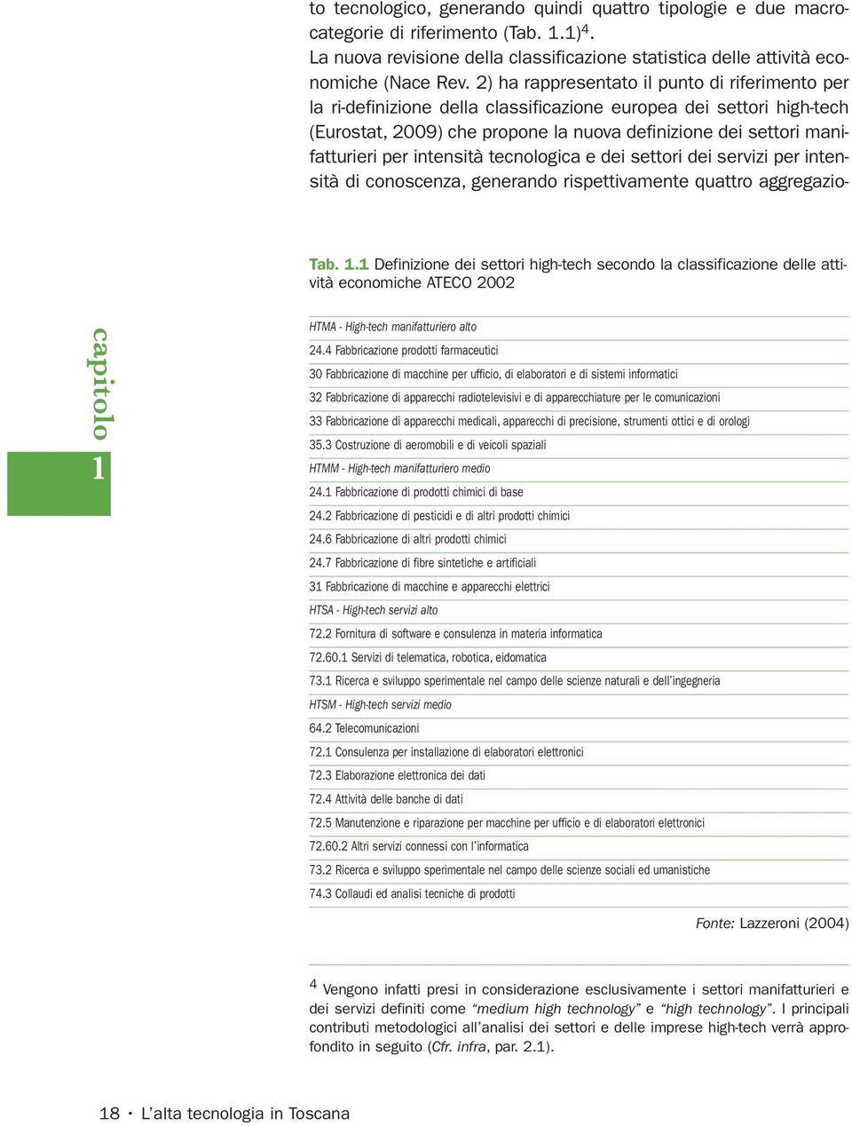 intensità tecnologica e dei settori dei servizi per intensità di conoscenza, generando rispettivamente quattro aggregazio- Tab. 1.