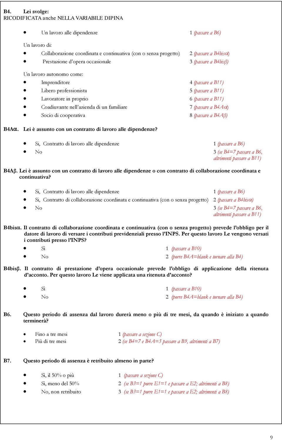 Coadiuvante nell azienda di un familiare 7 (passare a B4A ) Socio di cooperativa 8 (passare a B4Aβ) B4A. Lei è assunto con un contratto di lavoro alle dipendenze?