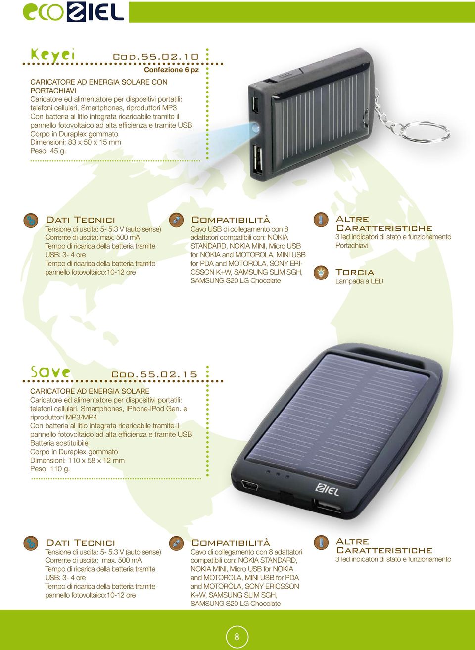 ricaricabile tramite il pannello fotovoltaico ad alta efficienza e tramite USB gommato Dimensioni: 83 x 50 x 15 mm Peso: 45 g. Dati Tecnici Tensione di uscita: 5-5.