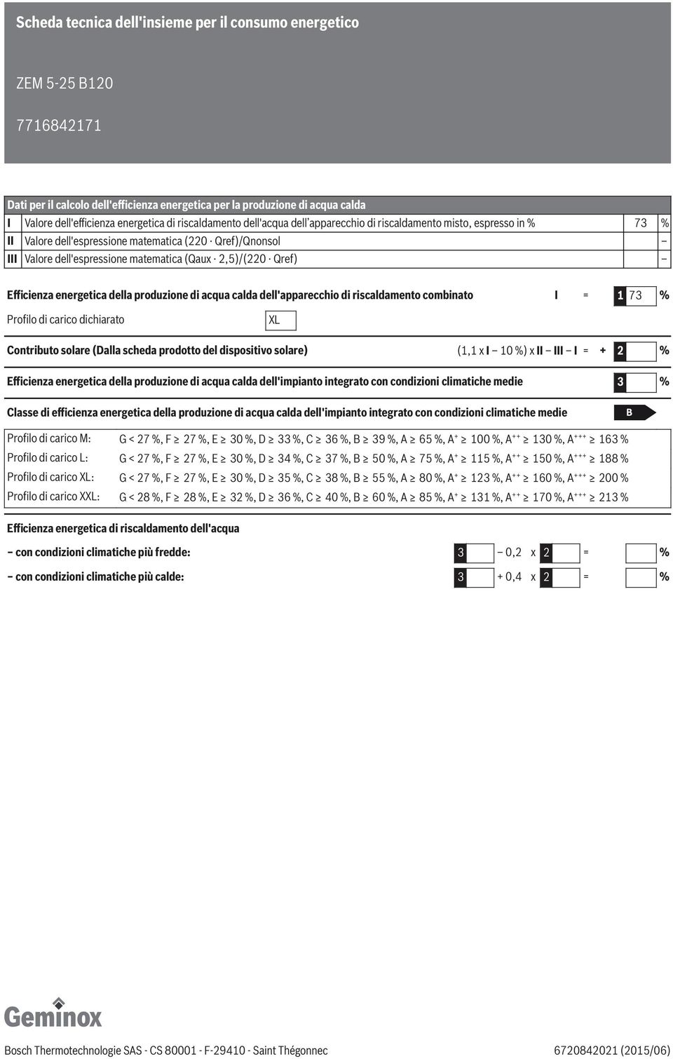 acqua calda dell'apparecchio di riscaldamento combinato I = 1 73 % Contributo solare (Dalla scheda prodotto del dispositivo solare) (1,1 x I 10 %) x II III I = + 2 % Efficienza energetica della